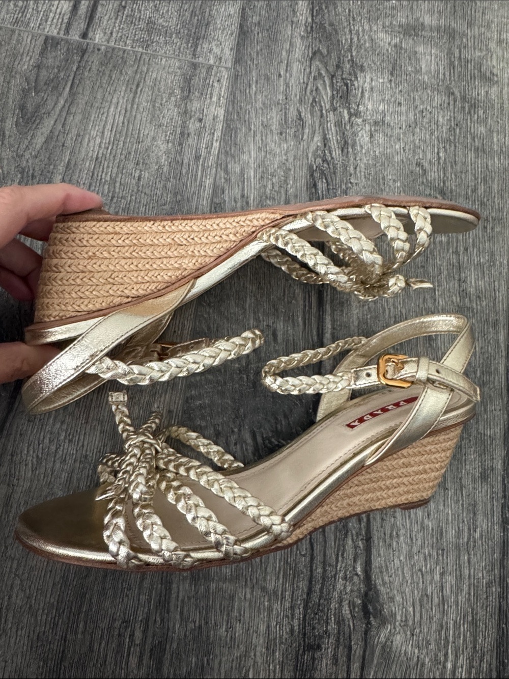 Prada Gold Braided Leather Wedge Espadrille Sandals Size 36/US 6 COA includes - Picture 2 of 11